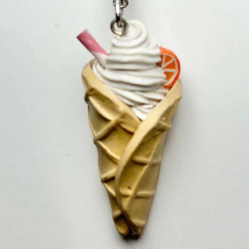 Handmade Ice Cream Waffle Cone Necklace with Pink & White Straw and Orange Slice